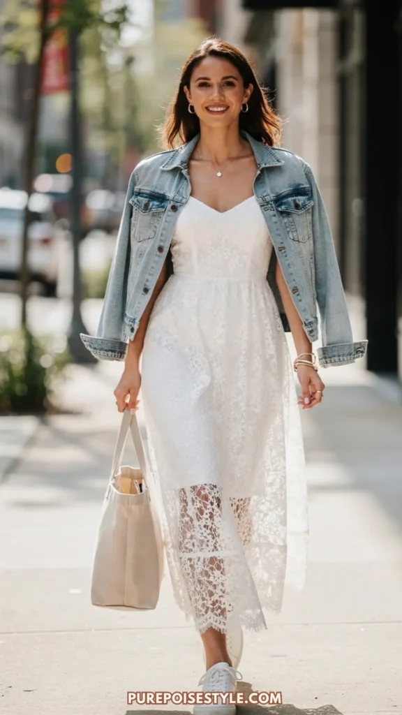 white lace dress with denim jacket How To Wear A Denim Jacket + $500 Nordstrom Gift Card Giveaway