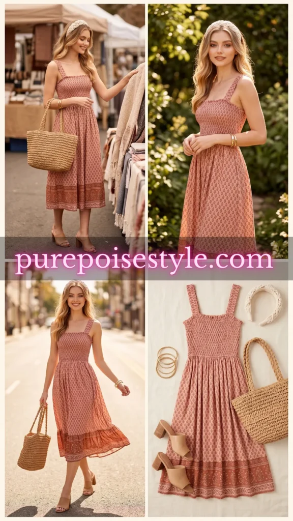 A Pinterest-style 4-panel fashion editorial collage on a deep warm ivory-to-cream background. All panels feature a beautiful 21-year-old European woman with a soft, radiant complexion, gentle features, and a friendly, approachable smile, wearing a deep terracotta halter sundress with a clean fitted bodice and fluid midi skirt, gold strappy heeled sandals, a small metallic gold clutch bag, elongated brushed gold statement earrings, and a bold brick-red lip. Panel 1 (top left): full body shot standing on a rooftop terrace at golden hour, warm city skyline softly blurred behind her. Panel 2 (top right): mid-body shot seated at an outdoor restaurant table at dusk, candlelight and ambient warm lighting. Panel 3 (bottom left): full body walking shot along a warm evening street, city lights softly blurred, dress moving fluidly. Panel 4 (bottom right): close-up detail of the elongated gold statement earrings and bold brick-red lip against the terracotta halter neckline, warm candlelight from one side, shallow depth of field. Warm, elegant, evening editorial fashion photography. Consistent terracotta, gold, and warm amber palette. Thin white border between panels.