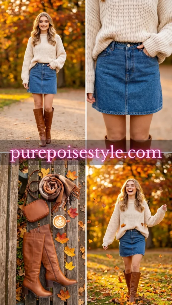 Classic Denim Skirt with an Oversized Sweater - Short Skirt Outfits