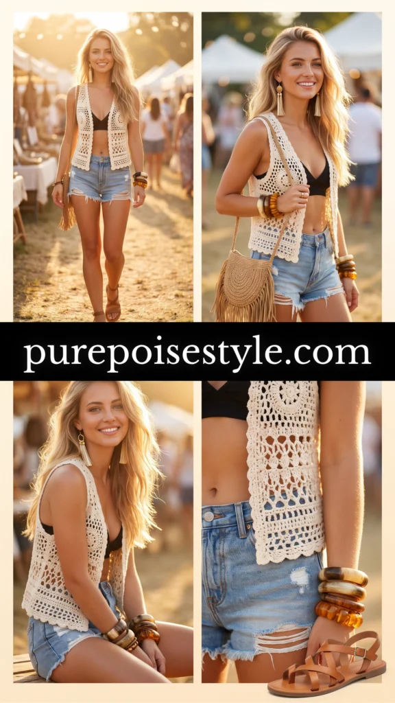 Cutoff Jeans Outfit with a Crochet Cover-Up