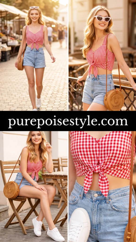 Denim Shorts Outfits with a Knot-Front Gingham Top