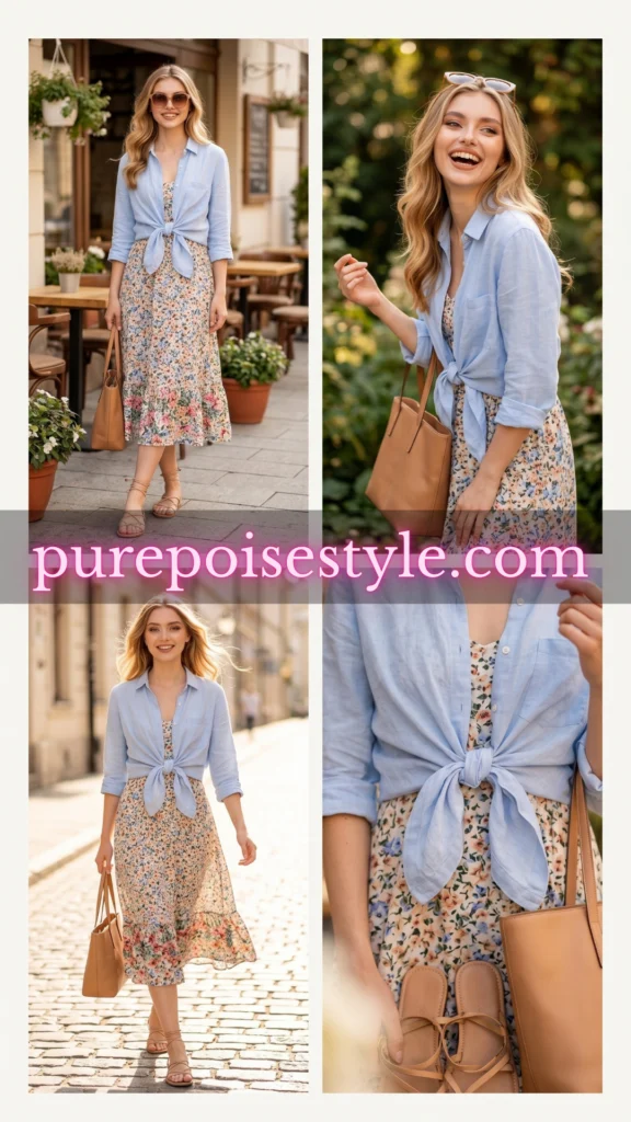 Floral Midi Dress Outfits Layered with a Linen Shirt