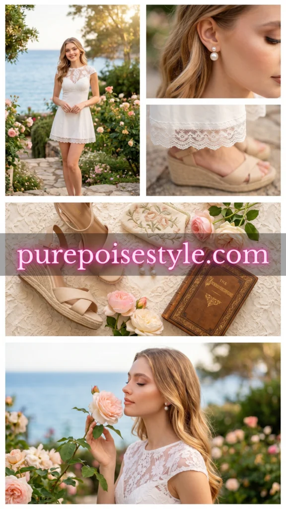 Lace-Trim Swim Dress with Pearl Earrings