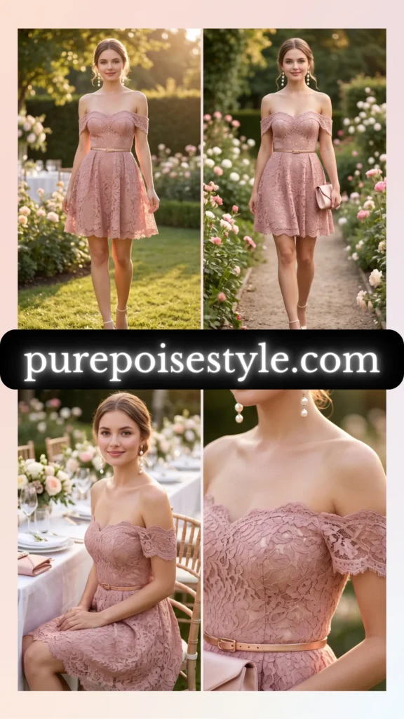 Off Shoulder Mini Dress in Dusty Rose Lace