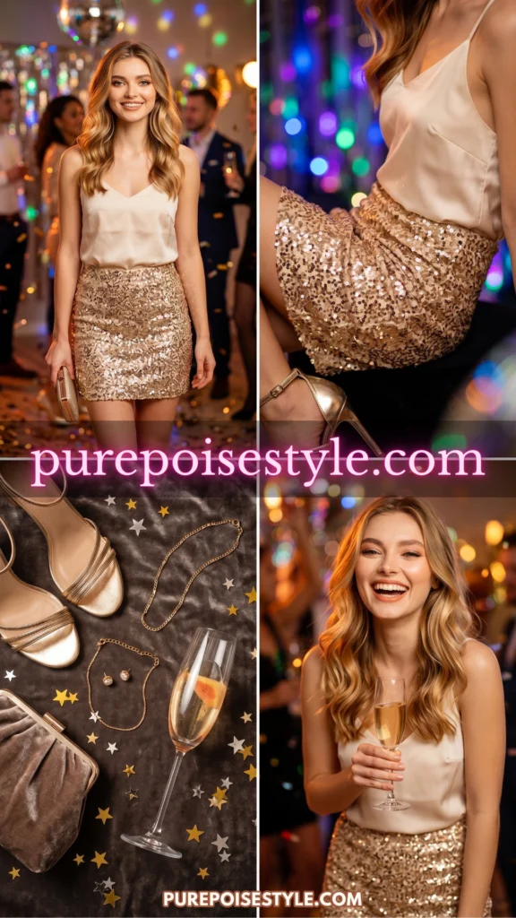 Sequin Mini Skirt with a Silk Camisole