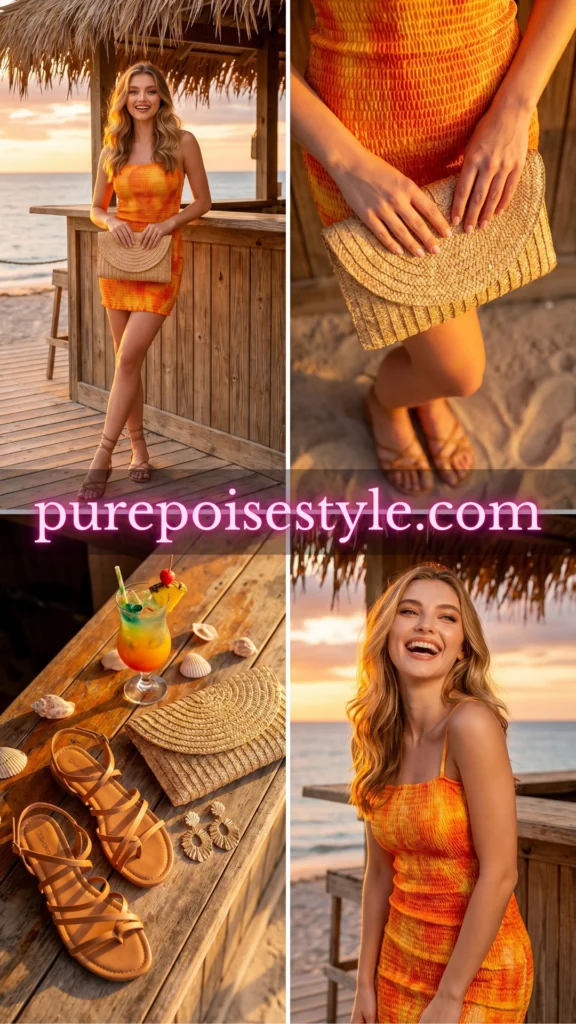 Shirred Swim Dress with a Straw Clutch
