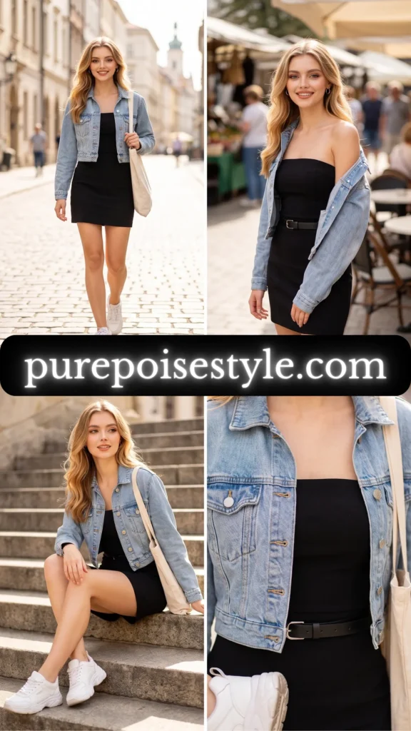 Strapless Dress Look with a Denim Jacket Layer