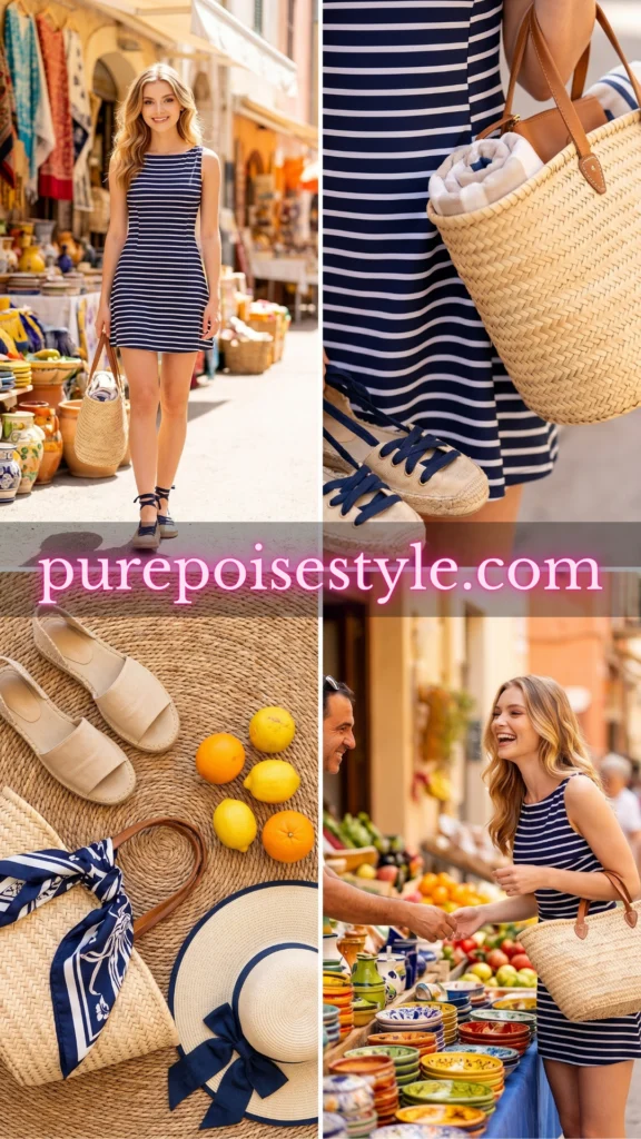 Striped Swim Dress with a Straw Tote women's swim dress