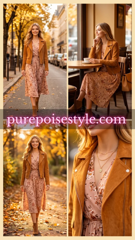 Suede-Layered Floral Midi for Autumn Warmth
