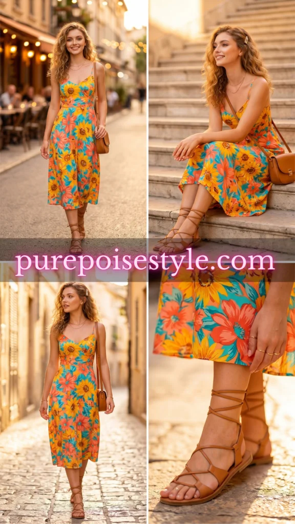 Summer Midi Dress with Lace-Up Flat Sandals