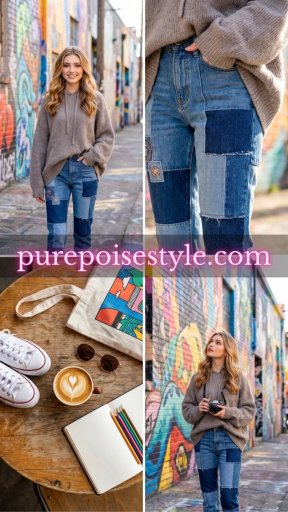 The Patchwork Jeans with a Cozy Hoodie