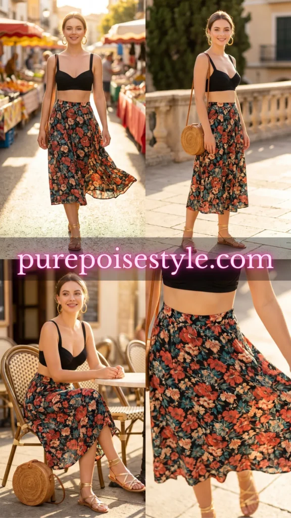 Versatile Black Top with Flowing Midi Skirt
