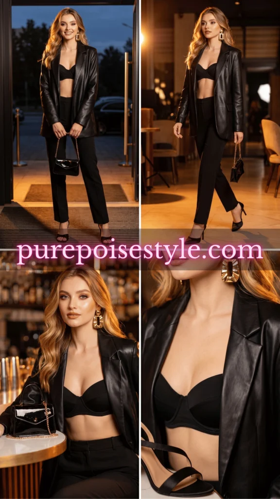 Versatile Black Top with a Leather Blazer