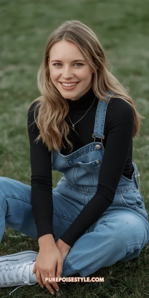 Turtleneck Bodysuit + Overalls + High-Top Sneakers