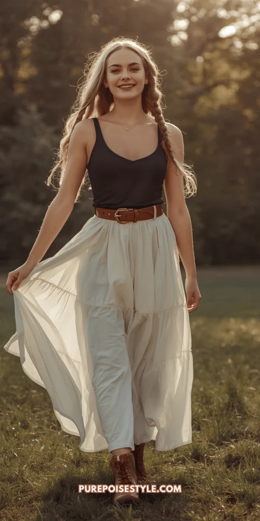 Boho Maxi Skirt + Fitted Tank + Western Belt + Ankle Boots