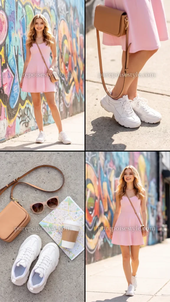 Baby Pink Mini Dress with Chunky Sneakers