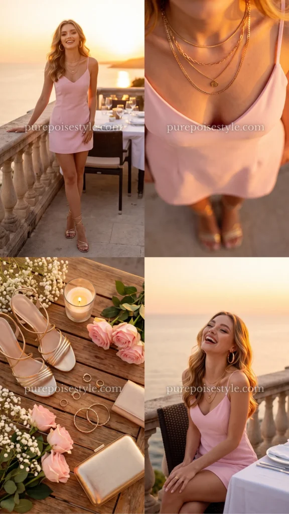 Baby Pink Mini Dress with Gold Jewelry