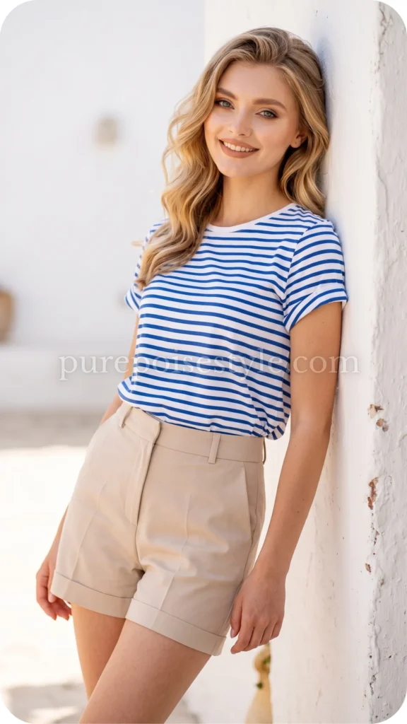 Beige Tailored Shorts with a Striped Tee