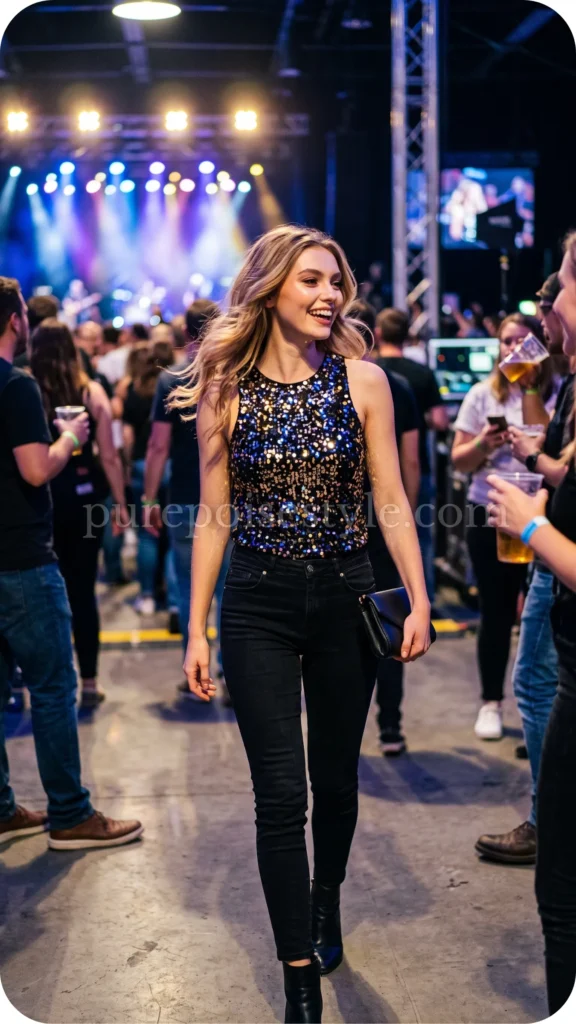 Black Jeans with a Sequin Top