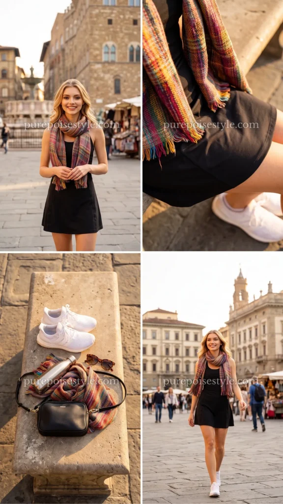 Black Running Dress with a Colorful Scarf