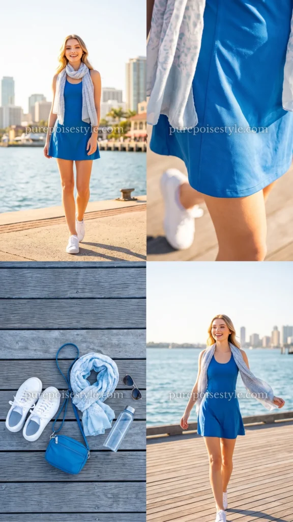 Blue Running Dress with a Light Scarf