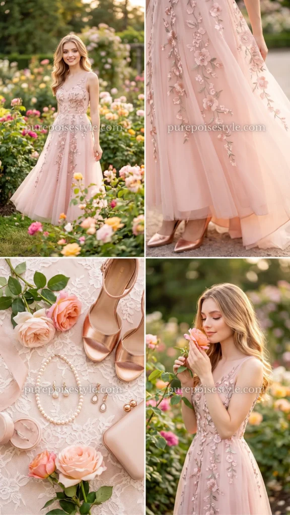 Blush Pink A-Line Dress with Floral Embroidery