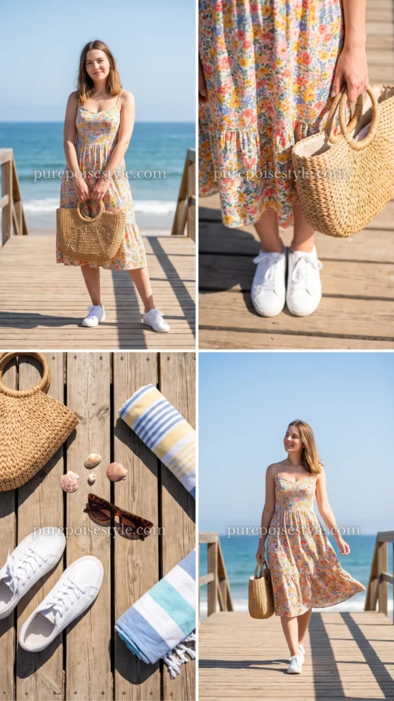 Boho Dress with a Straw Tote
