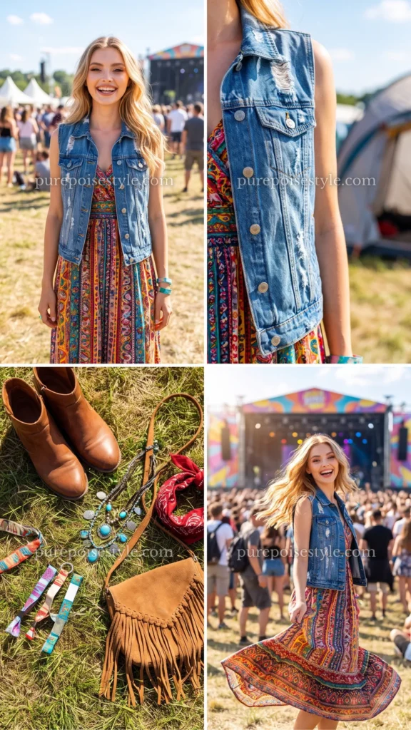 Boho Maxi Dress with a Denim Vest