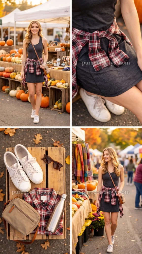 Charcoal Running Dress with a Plaid Shirt
