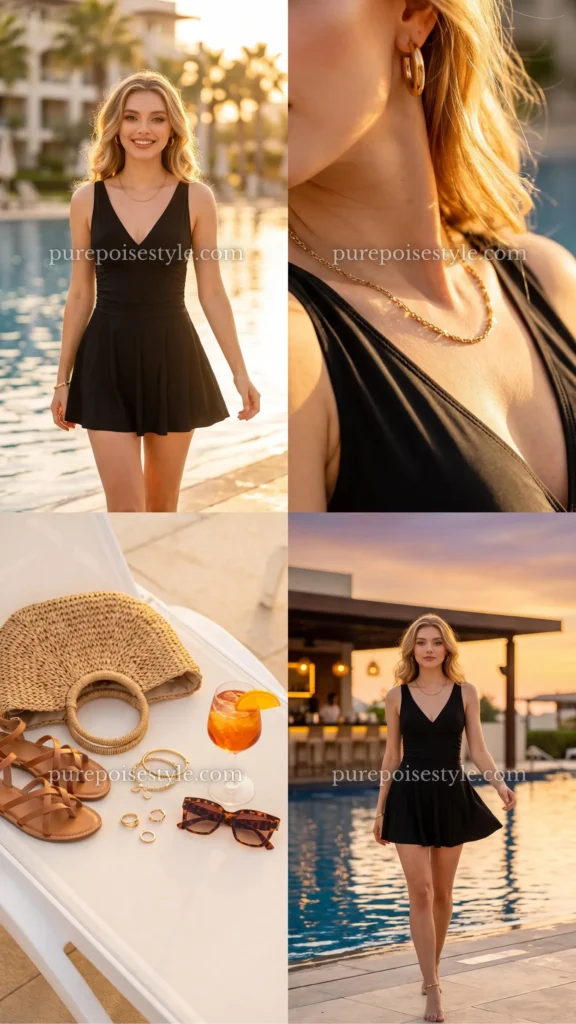 Classic Black Swim Dress with Gold Accessories