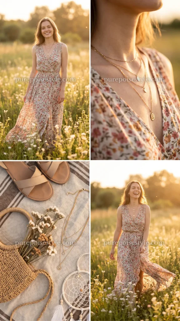 Classic Boho Maxi Dress with Layered Necklaces