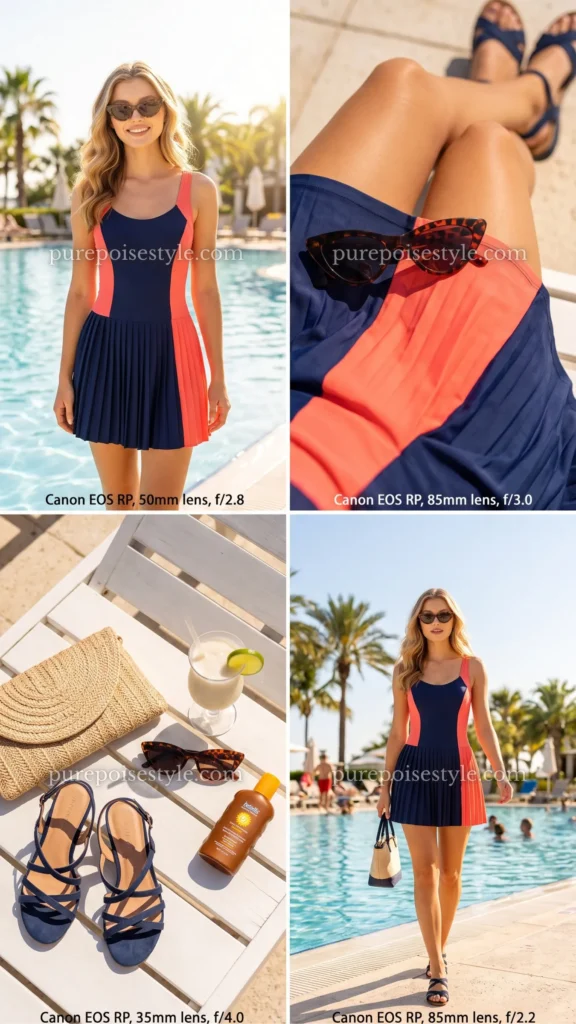 Color-Blocked One-Piece Swim Dress with Cat-Eye Sunglasses