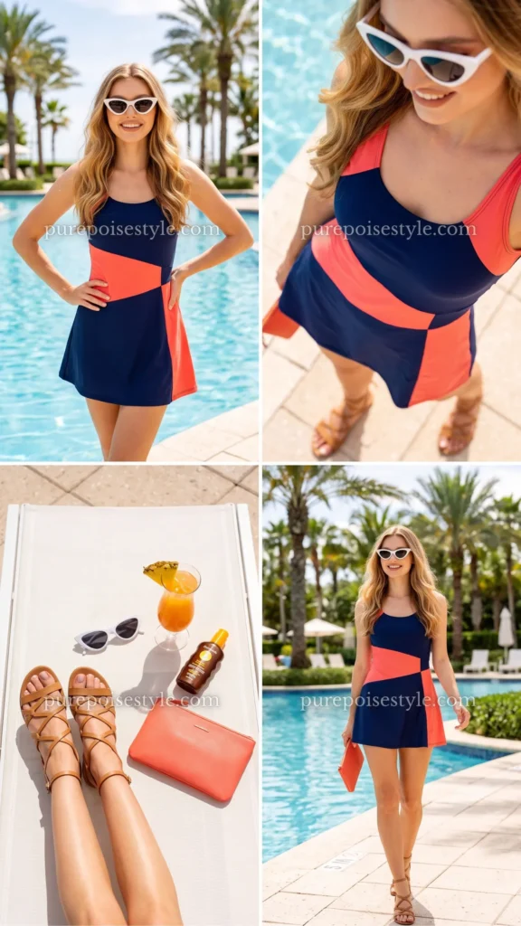 Color-Blocked Swim Dress with Cat-Eye Sunglasses