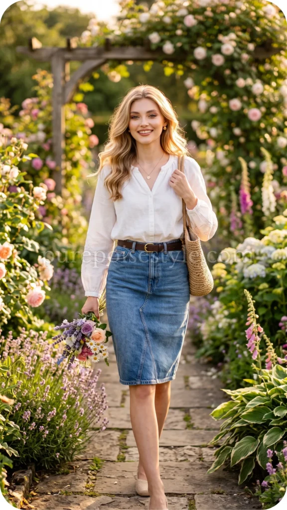 Denim Skirt with a White Blouse
