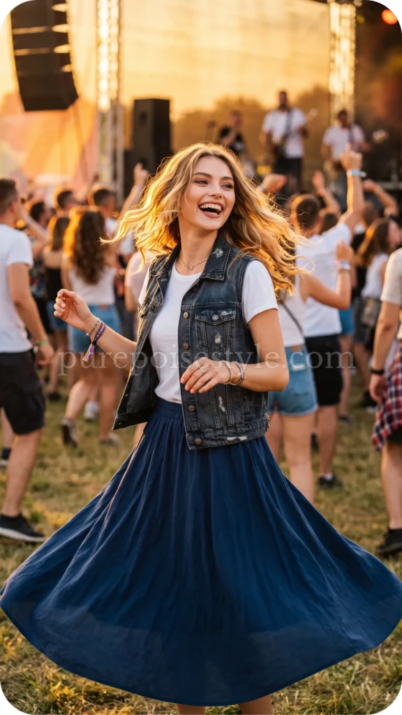 Denim Vest with a Maxi Skirt
