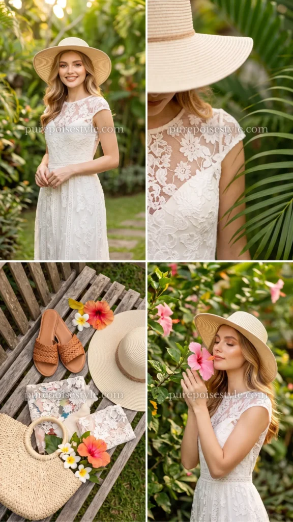 Embroidered Lace Dress with a Sun Hat