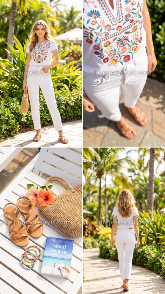 Embroidered Tee with White Jeans