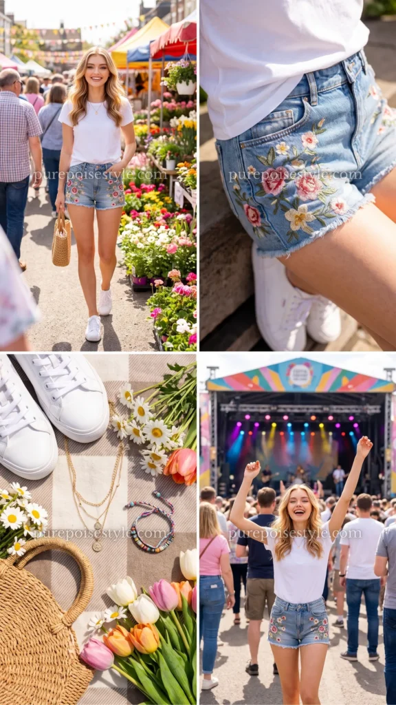 Floral Embroidered Shorts with a Simple Tee