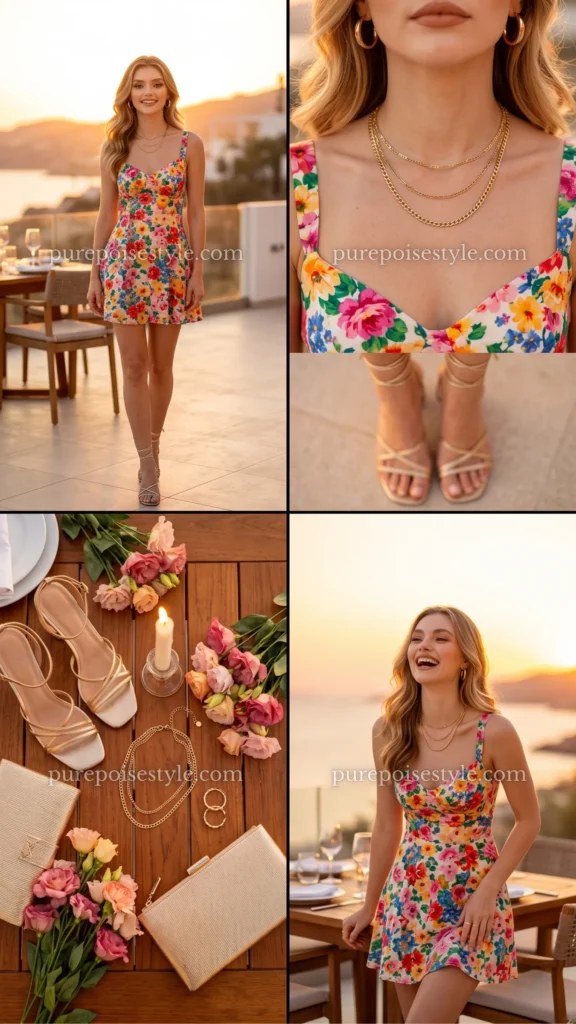Floral Mini Dress with Gold Jewelry