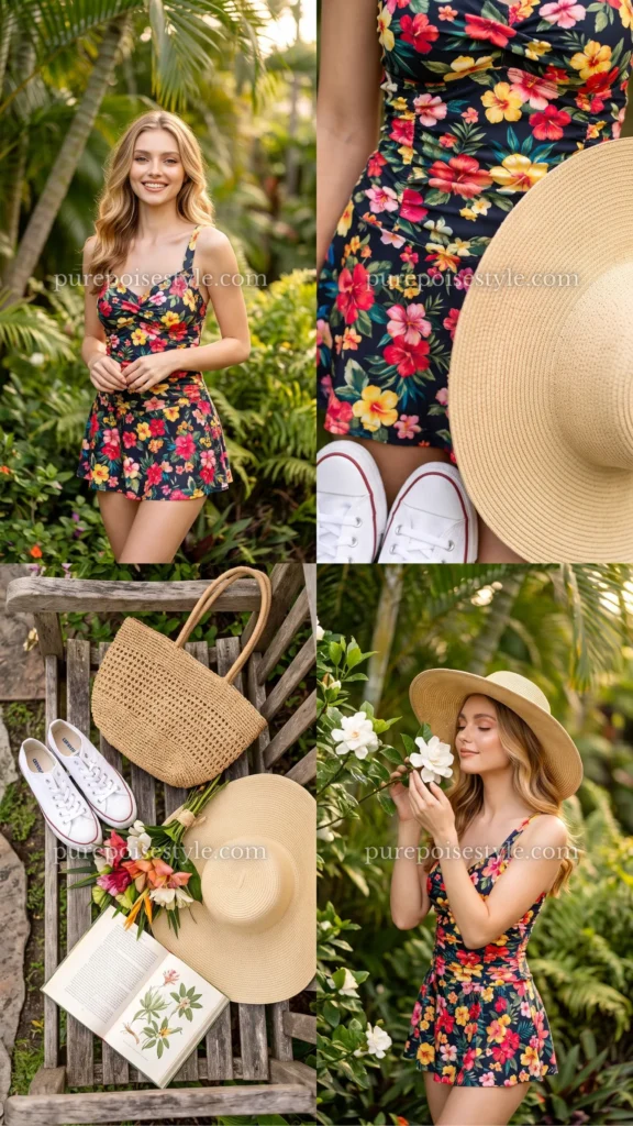 Floral Swim Dress with a Wide-Brim Hat