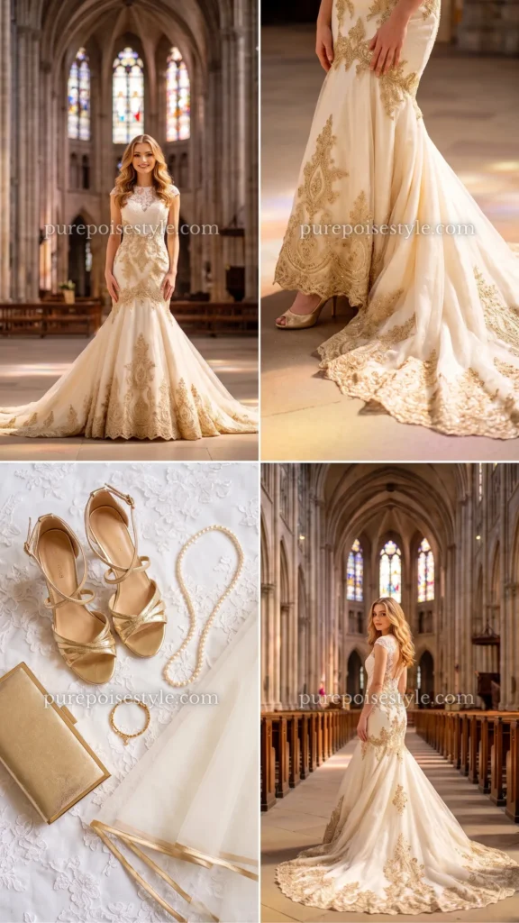 Ivory and Gold Mermaid Dress with Train