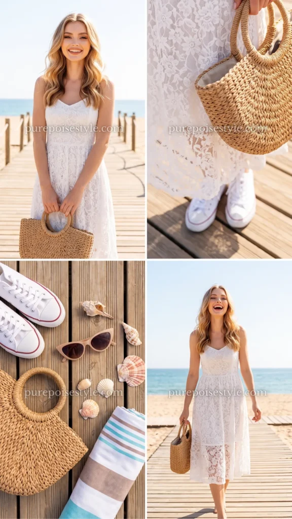 Lace Dress with a Straw Tote