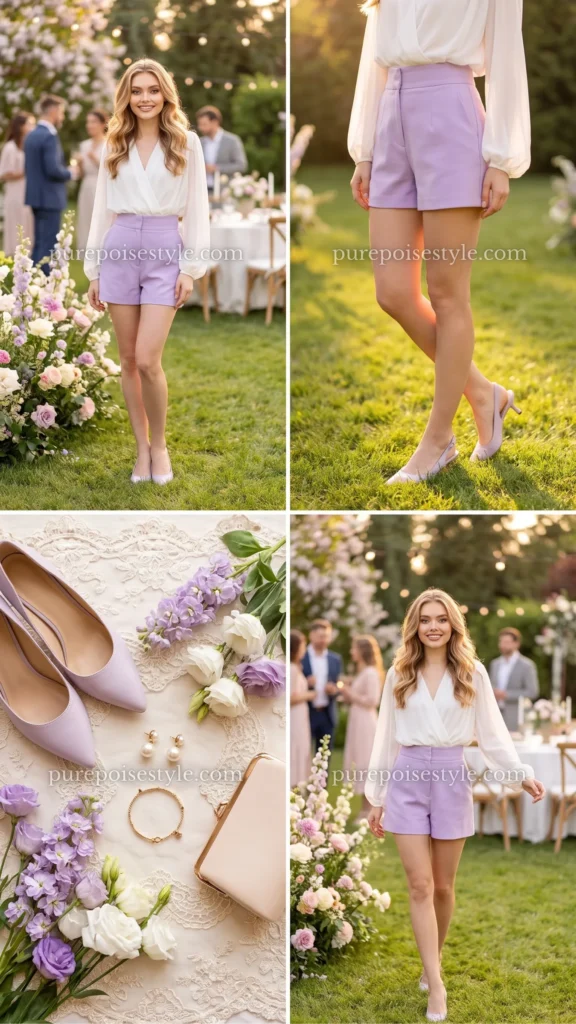 Lavender High-Waisted Shorts with a White Blouse