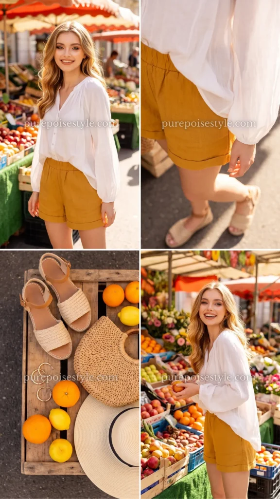 Mustard Yellow Shorts with a White Blouse