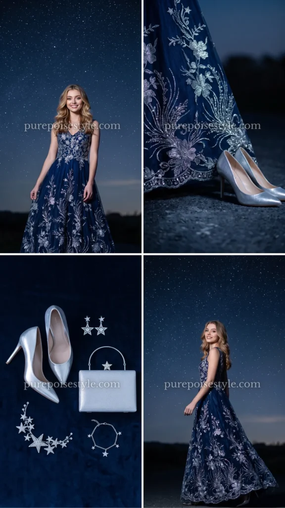 Navy Blue A-Line Dress with Silver Embroidery