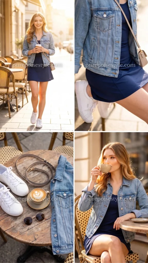 Navy Blue Running Dress with a Denim Jacket