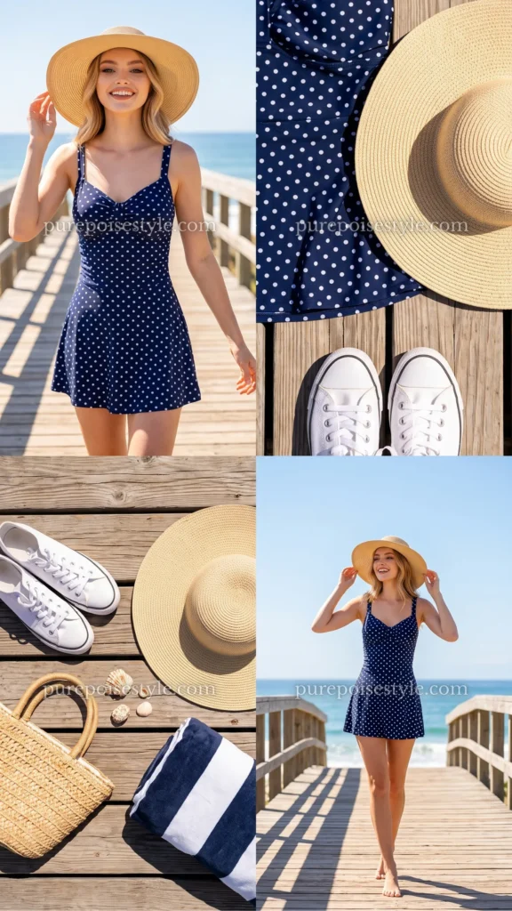 Navy Polka Dot One-Piece Swim Dress with a Sun Hat