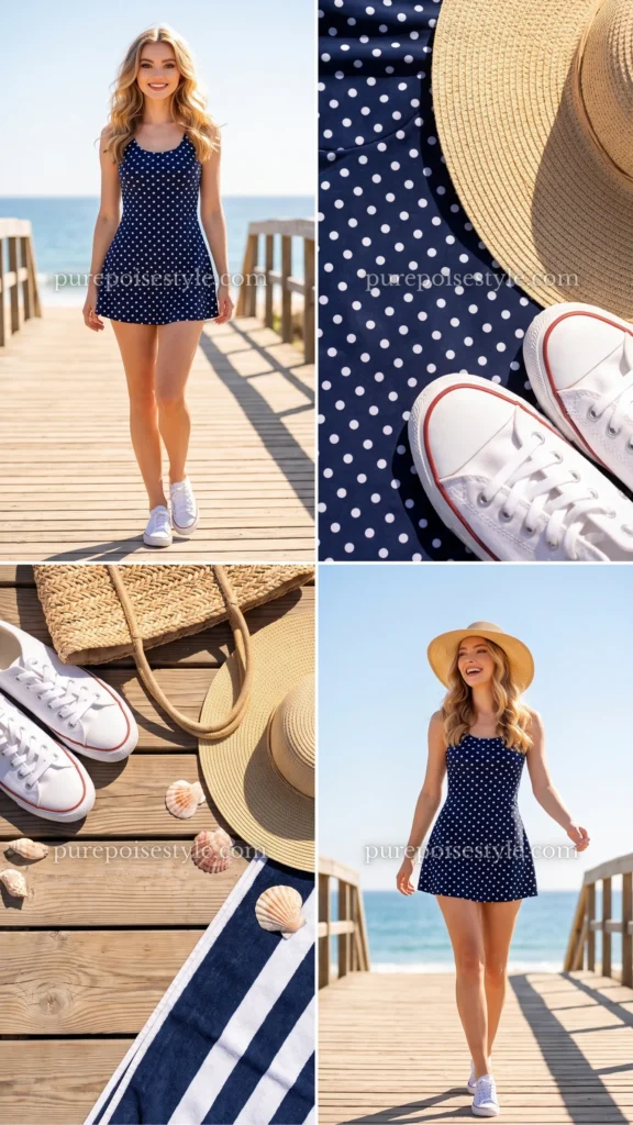 Navy Polka Dot Swim Dress with a Sun Hat