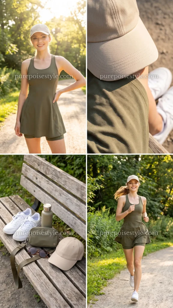Olive Running Dress with a Baseball Cap