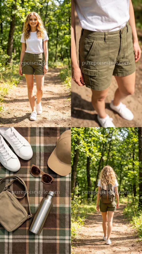 Olive Utility Shorts with a White Tee